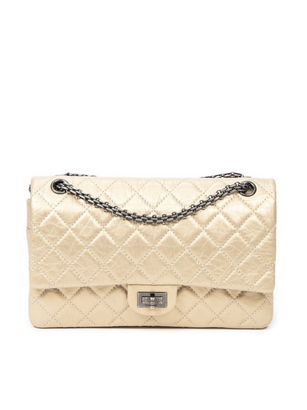 Chanel Large 2.55 Laish Gold Quilted Distressed Caviar Leather Handbag